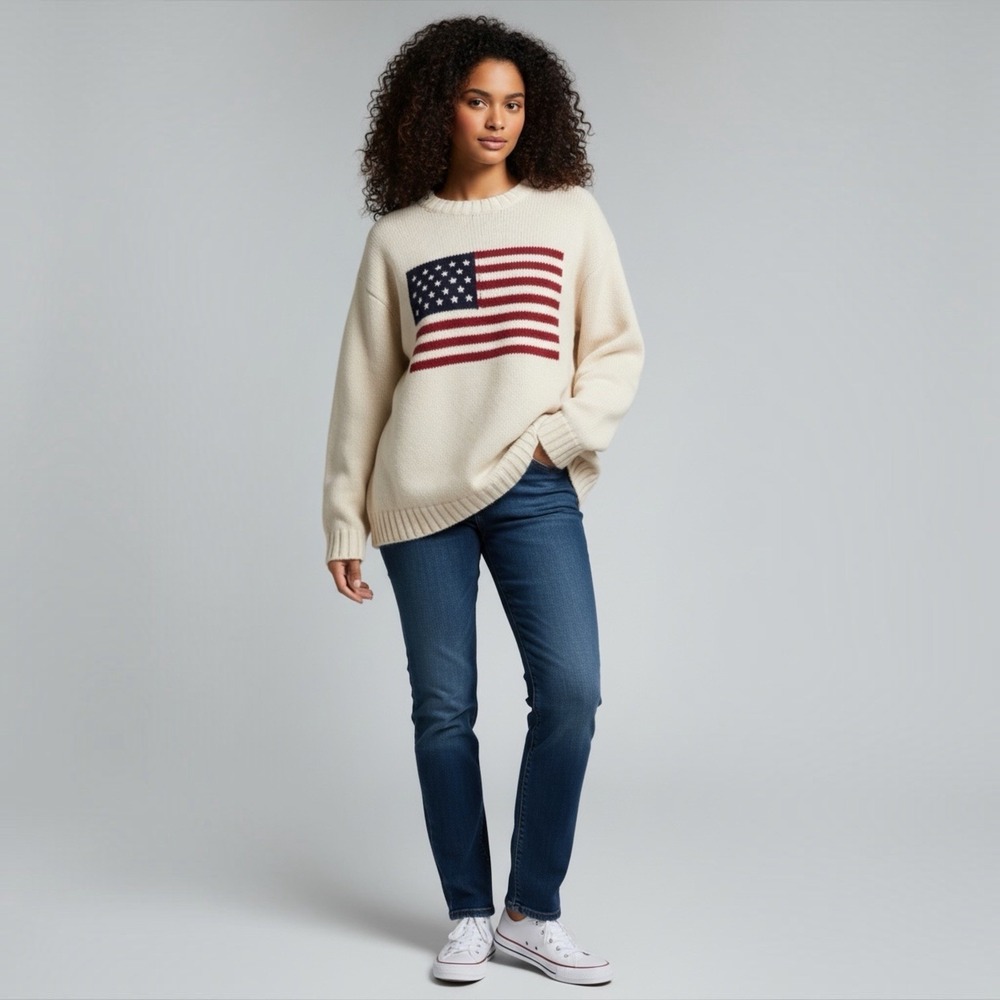 Brandy Melville Preppy American USA Flag Ivory Cream Knit Sweater One Size